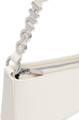 Faux-leather shoulder bag with logo strap, White
