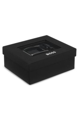 Italian leather automatic belt with logo-engraved keeper, Black