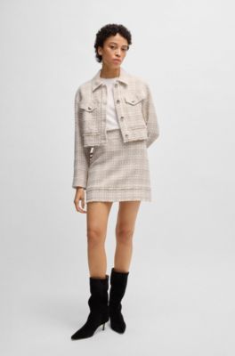 Jupe courte Slim en tweed &agrave; franges, Blanc