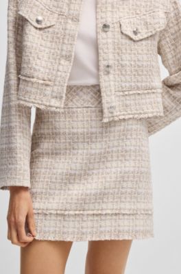 Jupe courte Slim en tweed &agrave; franges, Blanc
