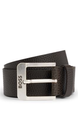 Ceinture en cuir italien avec boucle logot&eacute;e, Marron fonc&eacute;