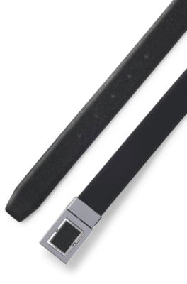Reversible belt in plain and structured leather, Black