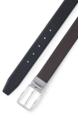 Reversible belt in grained and plain leather, Black