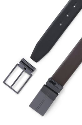 Reversible Italian-leather belt with interchangeable buckles, Black