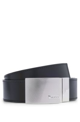 Reversible Italian-leather belt with pin and plaque buckles , Black