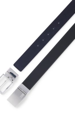 Reversible Italian-leather belt with pin and plaque buckles , Black