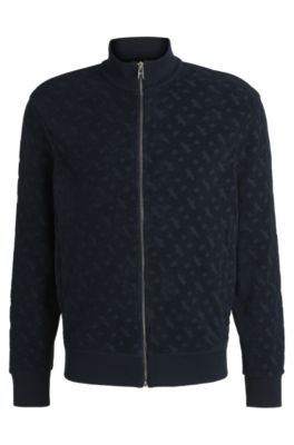 Zip-up sweatshirt in cotton with tonal monograms, Dark Blue