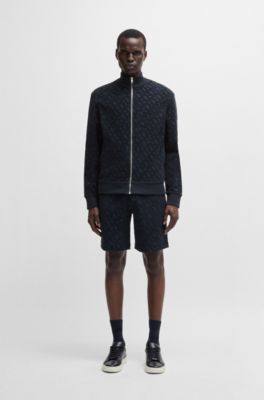 Zip-up sweatshirt in cotton with tonal monograms, Dark Blue
