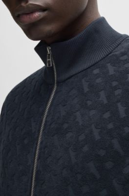 Zip-up sweatshirt in cotton with tonal monograms, Dark Blue