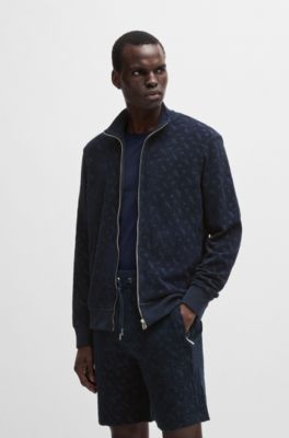 Zip-up sweatshirt in cotton with tonal monograms, Dark Blue