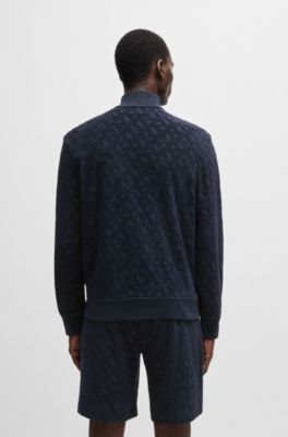 Zip-up sweatshirt in cotton with tonal monograms, Dark Blue