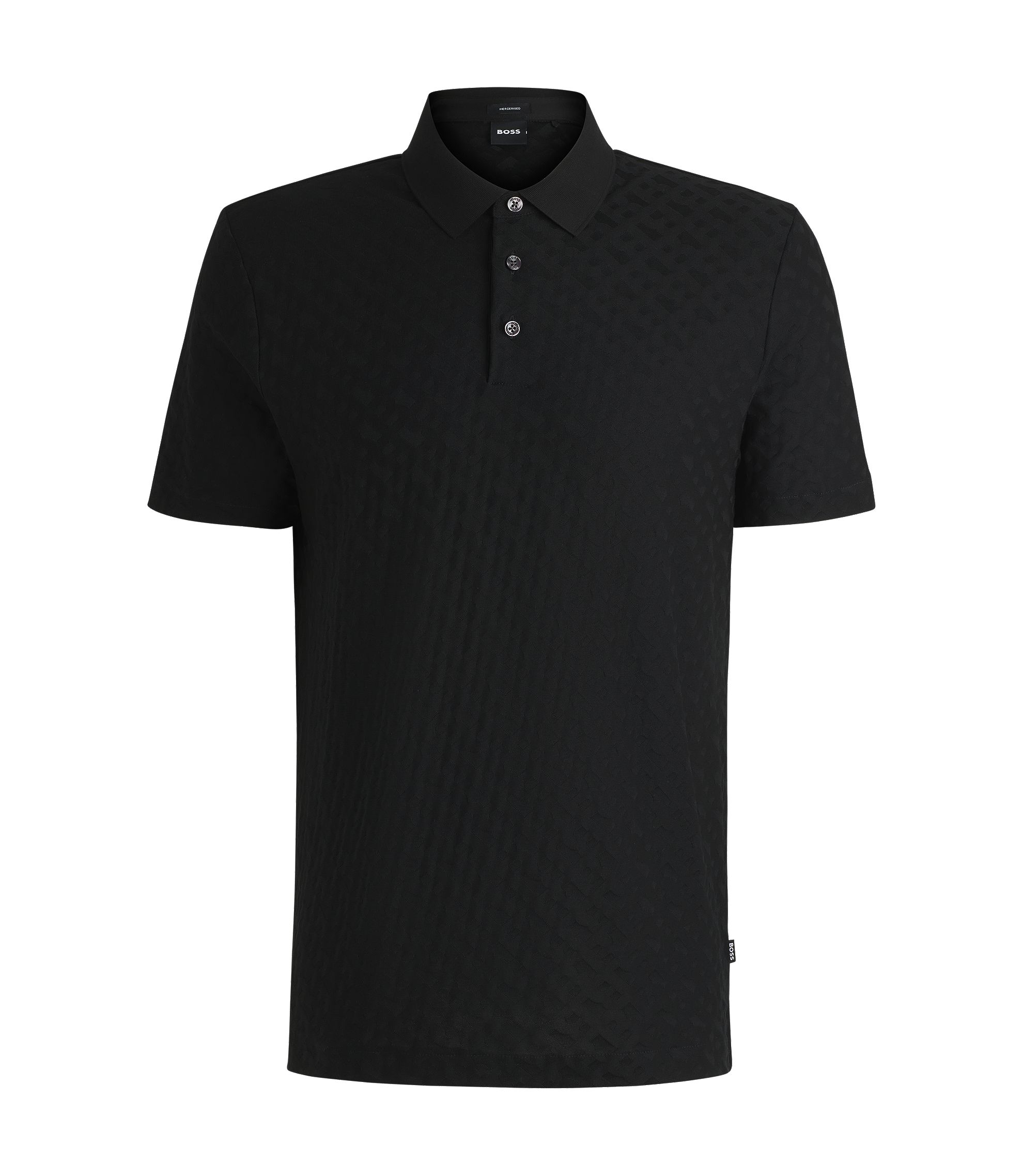BOSS - Cotton polo shirt with tonal monogram jacquard - Black BOSS - Cotton polo shirt with tonal monogram jacquard - Black