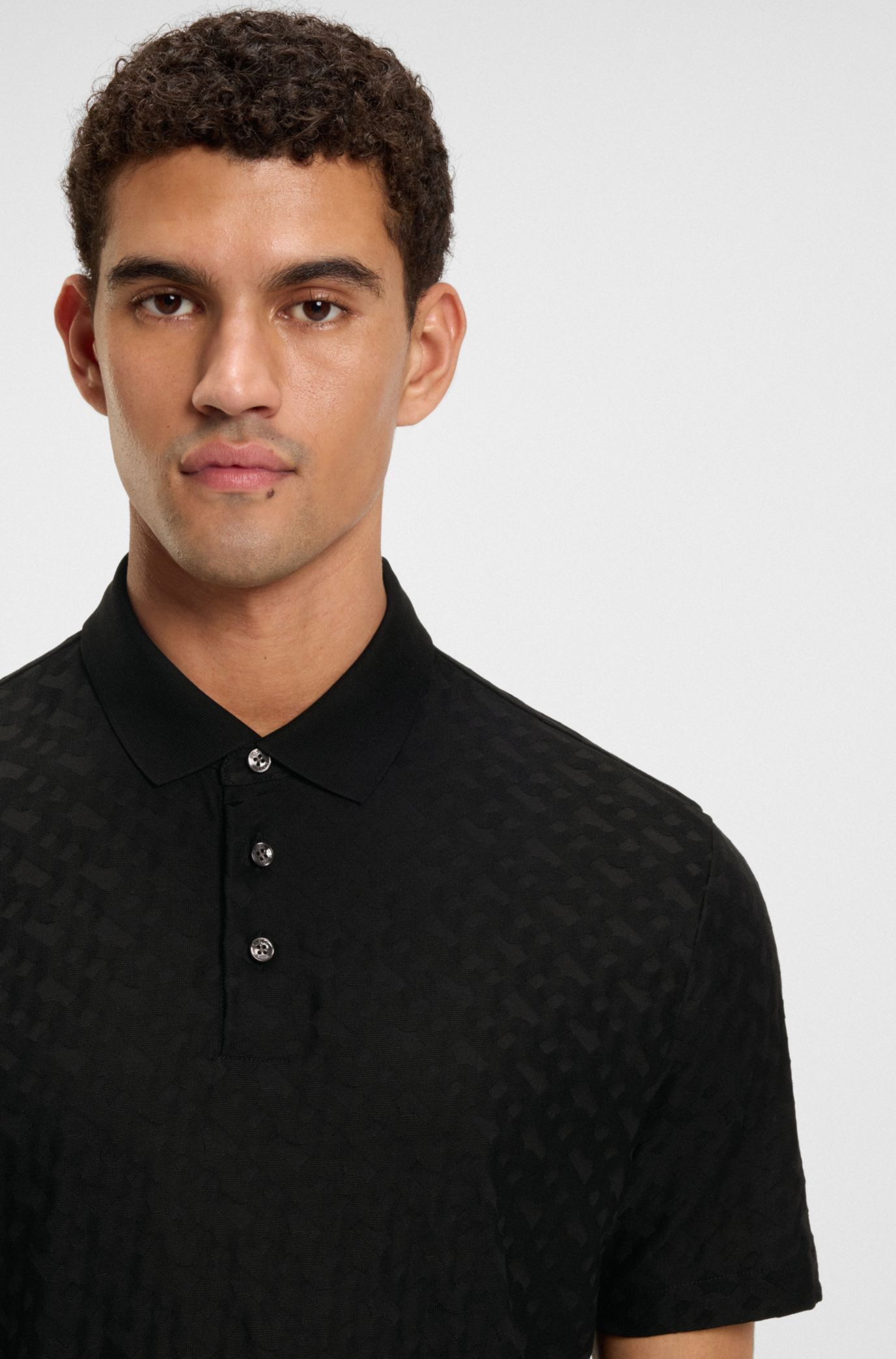 BOSS - Cotton polo shirt with tonal monogram jacquard - Black