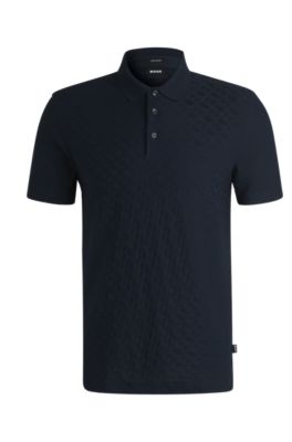 ■Hugo Boss■ Herringbone collar half-zip slim fit polo shir BOSS - Cotton polo shirt with tonal monogram jacquard - Dark