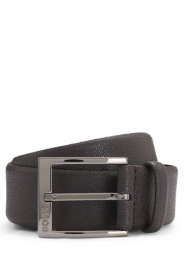Italian-leather belt with branded buckle, Dark Brown