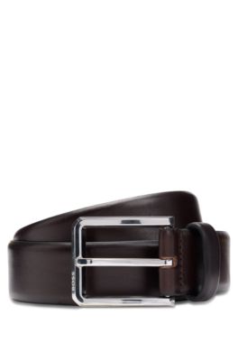 Ceinture en cuir italien avec boucle argent&eacute;e lisse, Marron fonc&eacute;