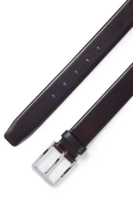 Ceinture en cuir italien avec boucle argent&eacute;e lisse, Marron fonc&eacute;