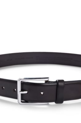 Ceinture en cuir italien avec boucle argent&eacute;e lisse, Marron fonc&eacute;