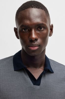 Dot-pattern polo shirt in cotton and silk, Dark Blue