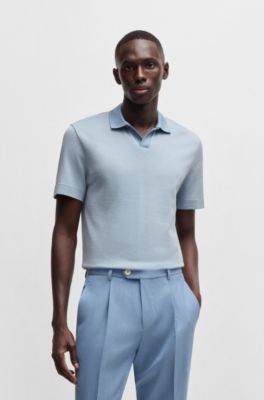 Polo en coton et soie &agrave; motif pois, bleu clair