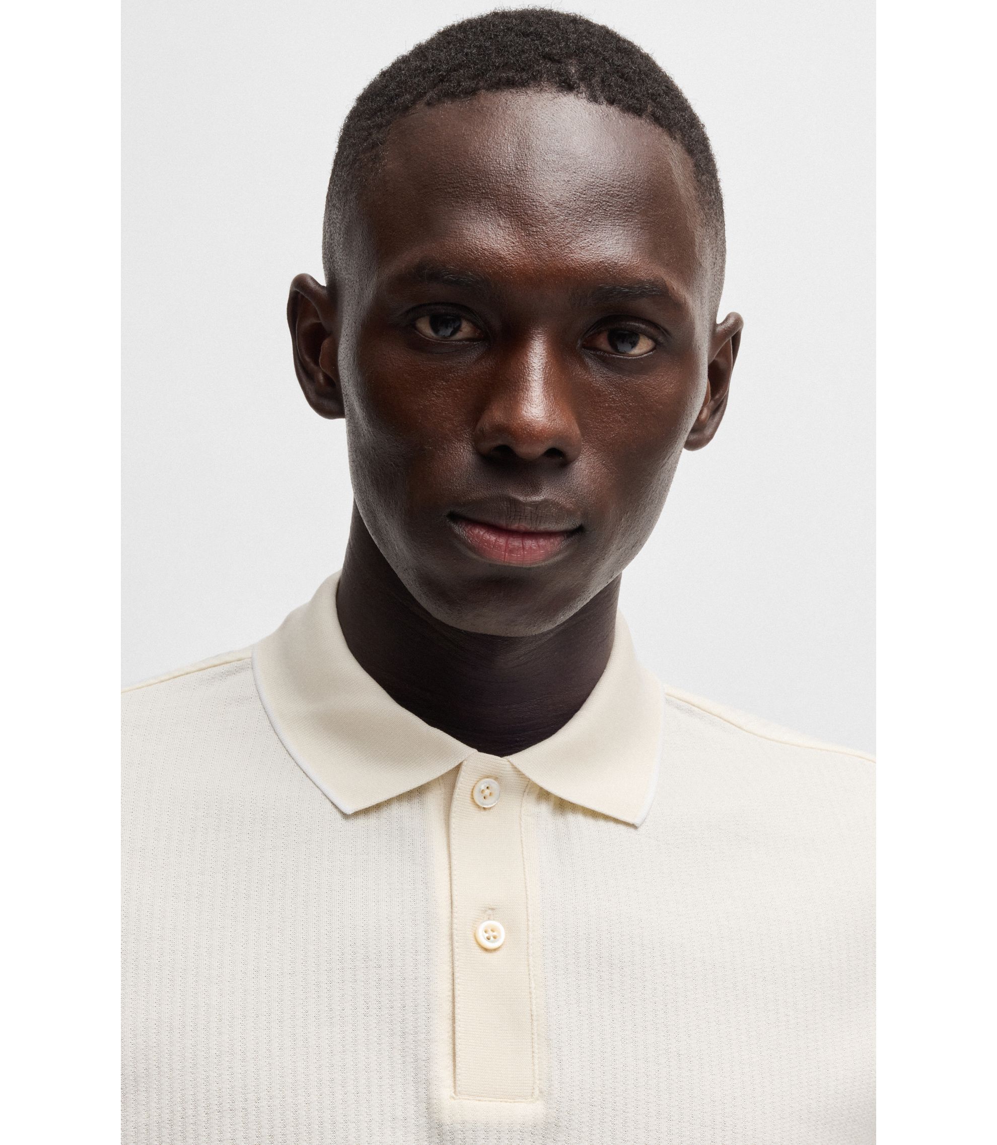 BOSS Cotton-silk polo shirt with stripe structure White