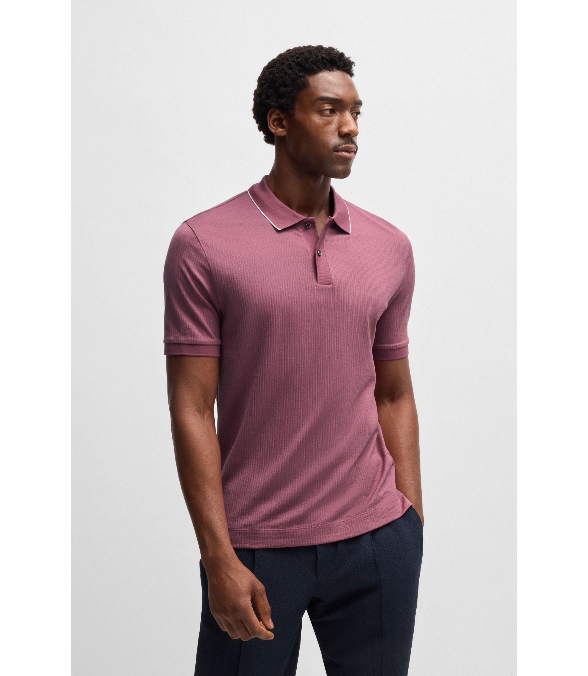 BOSS - Cotton-silk polo shirt with stripe structure - Pink