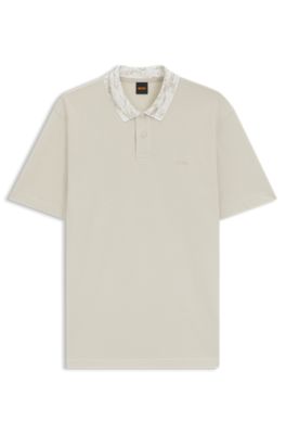Relaxed-fit cotton-piqu&eacute; polo shirt with collar artwork, Light Beige