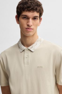 Relaxed-fit cotton-piqu&eacute; polo shirt with collar artwork, Light Beige