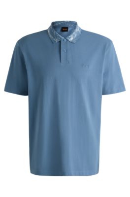 Relaxed-fit cotton-piqu&eacute; polo shirt with collar artwork, Light Blue