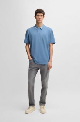 Relaxed-fit cotton-piqu&eacute; polo shirt with collar artwork, Light Blue