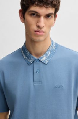 Relaxed-fit cotton-piqu&eacute; polo shirt with collar artwork, Light Blue