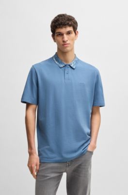 Relaxed-fit cotton-piqu&eacute; polo shirt with collar artwork, Light Blue