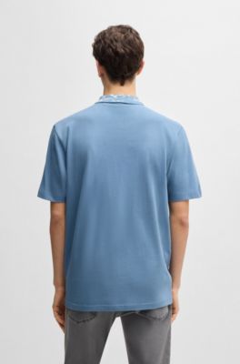 Relaxed-fit cotton-piqu&eacute; polo shirt with collar artwork, Light Blue