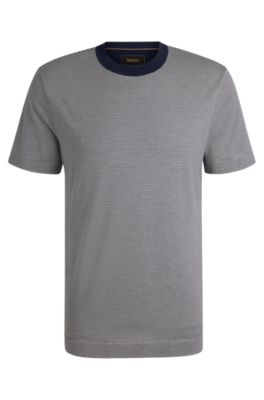 T-shirt en soie et coton &agrave; rayures fines, Bleu fonc&eacute;