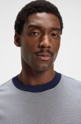 T-shirt en soie et coton &agrave; rayures fines, Bleu fonc&eacute;