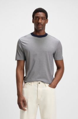 T-shirt en soie et coton &agrave; rayures fines, Bleu fonc&eacute;