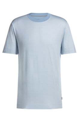 Cotton-silk T-shirt with fineline stripes, Light Blue