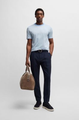 Cotton-silk T-shirt with fineline stripes, Light Blue