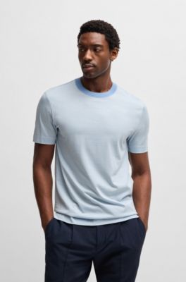 Cotton-silk T-shirt with fineline stripes, Light Blue
