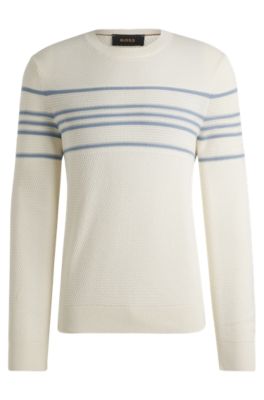 Silk-cotton sweater with knitted stripes, White