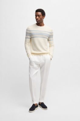 Silk-cotton sweater with knitted stripes, White