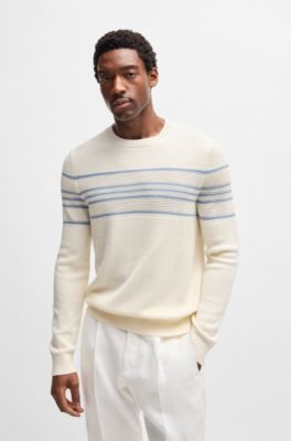 Silk-cotton sweater with knitted stripes, White