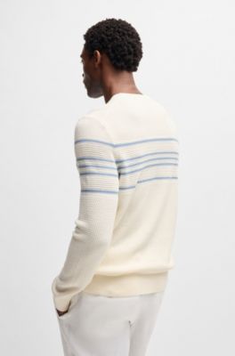 Silk-cotton sweater with knitted stripes, White