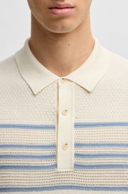 Polo de punto de seda y algod&oacute;n con detalles de rayas, Blanco