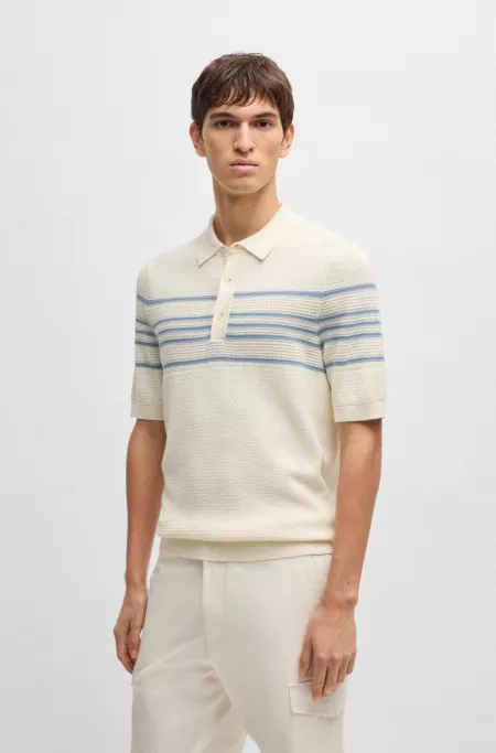 Knit polo in silk and cotton with stripe details