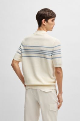 Polo de punto de seda y algod&oacute;n con detalles de rayas, Blanco