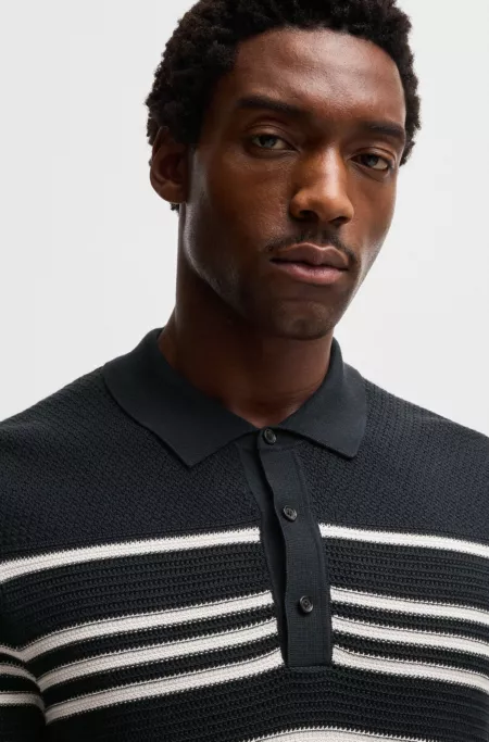 Knit polo in silk and cotton with stripe details