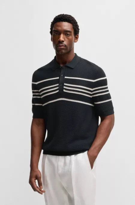 Knit polo in silk and cotton with stripe details