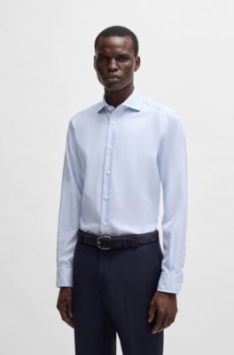 Regular-fit shirt in structured crease-resistant cotton, Blue