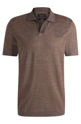 Johnny-collar polo shirt in cotton, linen and silk, Dark Brown